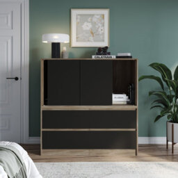 Urbn-Living Urbnliving 120Cm Height Oak With 3 Sliding Black Door 4 Drawer  Bedside Cabinet Storage End Unit Bedroom Furniture - thumbnail 2