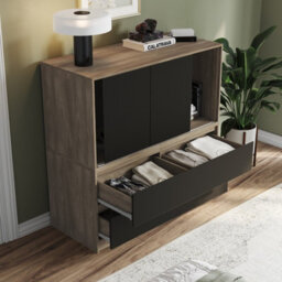 Urbn-Living Urbnliving 120Cm Height Oak With 3 Sliding Black Door 4 Drawer  Bedside Cabinet Storage End Unit Bedroom Furniture - thumbnail 5