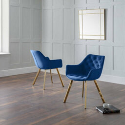 Julian Bowen Pair Of  Lorenzo Blue Velvet Dining Chairs With Arms, Upholstered, Set Of 2, Metal Legs, Height: 81 X Width: 59.6 X Depth: 65Cm - thumbnail 1