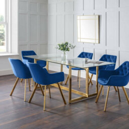 Julian Bowen Pair Of  Lorenzo Blue Velvet Dining Chairs With Arms, Upholstered, Set Of 2, Metal Legs, Height: 81 X Width: 59.6 X Depth: 65Cm - thumbnail 2