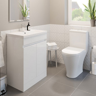 Affine 600mm Bathroom Gloss White Vanity Unit Basin Sink & Modern Close Coupled Toilet - image 1