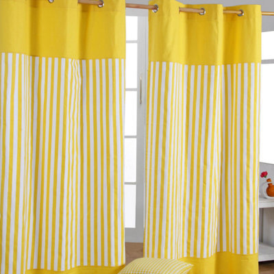 Homescapes Thick Yellow Stripe Ready Made Eyelet Curtain Pair, 117 X 137 Cm Drop - image 1