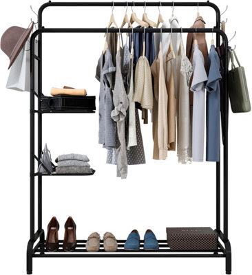 Klass Home Collection Heavy Duty Clothes Rail, Sturdy 100Kg Black Metal Clothes Rack With Double Hanging Clothing Rail, Shoe Rack, 2 Folding Shelves - image 1
