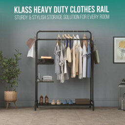 Klass Home Collection Heavy Duty Clothes Rail, Sturdy 100Kg Black Metal Clothes Rack With Double Hanging Clothing Rail, Shoe Rack, 2 Folding Shelves - thumbnail 7