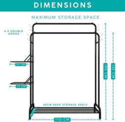 Klass Home Collection Heavy Duty Clothes Rail, Sturdy 100Kg Black Metal Clothes Rack With Double Hanging Clothing Rail, Shoe Rack, 2 Folding Shelves - thumbnail 3
