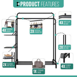 Klass Home Collection Heavy Duty Clothes Rail, Sturdy 100Kg Black Metal Clothes Rack With Double Hanging Clothing Rail, Shoe Rack, 2 Folding Shelves - thumbnail 5