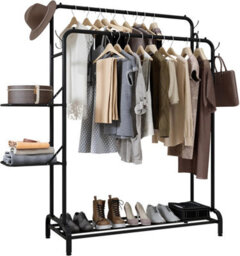Klass Home Collection Heavy Duty Clothes Rail, Sturdy 100Kg Black Metal Clothes Rack With Double Hanging Clothing Rail, Shoe Rack, 2 Folding Shelves - thumbnail 2
