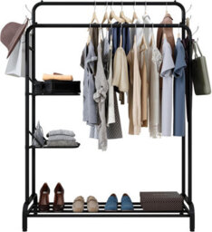 Klass Home Collection Heavy Duty Clothes Rail, Sturdy 100Kg Black Metal Clothes Rack With Double Hanging Clothing Rail, Shoe Rack, 2 Folding Shelves