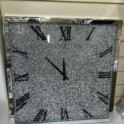 Biznest Full Crushed Base Large Square Jewel Mirror Wall Clock Black Needles Roman Diamante 45Cm Black Hands