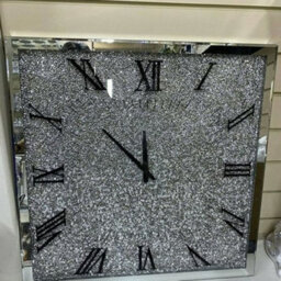 Biznest Full Crushed Base Large Square Jewel Mirror Wall Clock Black Needles Roman Diamante 45Cm Black Hands