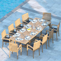 Eterna Prague Teak Garden Outdoor Dining Table & 10 Seat Chair Set - With Black Cushions - thumbnail 1
