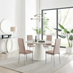 Furniturebox Uk Palma Beige Stone Effect Round Dining Table & 4 Cappuccino Milan Chrome Leg Chairs - thumbnail 1