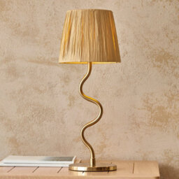 Luminosa Lighting Luminosa Wriggle Table Lamp With Round Tapered Shade Brushed Aged Brass Plate, Natural Raffia, 1X E14 - thumbnail 4