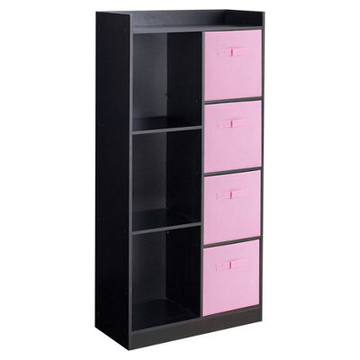 Urbn-Living Urbnliving Height 128Cm Wooden Black 7 Cube Bookcase With Light Pink Drawers Tall Shelving Display Storage Unit Cabinet - image 1