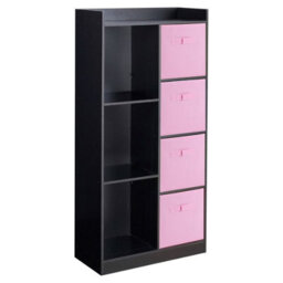 Urbn-Living Urbnliving Height 128Cm Wooden Black 7 Cube Bookcase With Light Pink Drawers Tall Shelving Display Storage Unit Cabinet