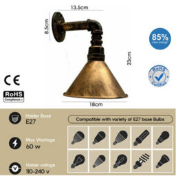 " Industrial Vintage Water Pipe Wall Light With Conical Metal Shade Brushed Copper E27" - thumbnail 2