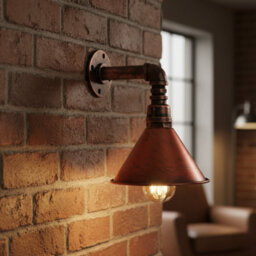 " Industrial Vintage Water Pipe Wall Light With Conical Metal Shade Brushed Copper E27" - thumbnail 4