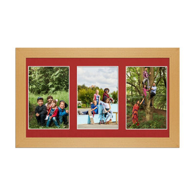 AK Frames 40X20Cm Country Pine Modern Multi Photo Frame With Crimson Mount - Holds 3 Apertures (3X) 6X4 Photos - image 1