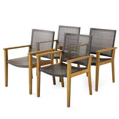 Costway Patio Dining Chairs Set Of 4 Outdoor Acacia Wood & Pe Wicker Chairs With Armrests - image 1