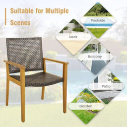 Costway Patio Dining Chairs Set Of 4 Outdoor Acacia Wood & Pe Wicker Chairs With Armrests - thumbnail 9
