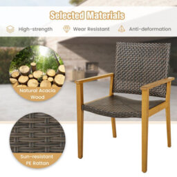 Costway Patio Dining Chairs Set Of 4 Outdoor Acacia Wood & Pe Wicker Chairs With Armrests - thumbnail 8