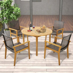 Costway Patio Dining Chairs Set Of 4 Outdoor Acacia Wood & Pe Wicker Chairs With Armrests - thumbnail 4