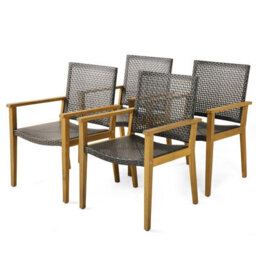 Costway Patio Dining Chairs Set Of 4 Outdoor Acacia Wood & Pe Wicker Chairs With Armrests - thumbnail 1