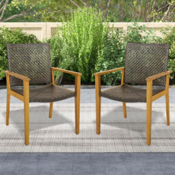 Costway Patio Dining Chairs Set Of 4 Outdoor Acacia Wood & Pe Wicker Chairs With Armrests - thumbnail 3