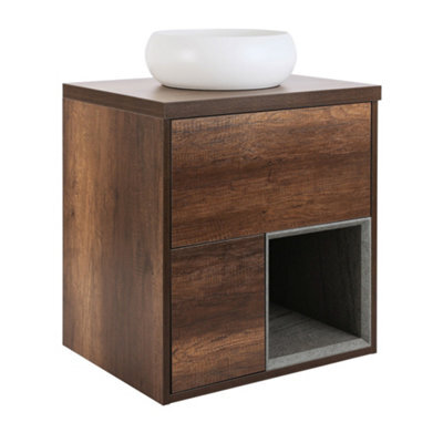 Homestylestore Dark Oak 594mm Led Lit Wall Hung Bathroom Vanity Unit Round Chalk Countertop Basin Open Shelf - image 1