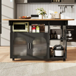 Abrihome Kitchen Island, Kitchen Cabinet With Storage Space, Removable Serving Trolley, Buffet Cabinet, Multifunctional Dining Table, Black - thumbnail 9