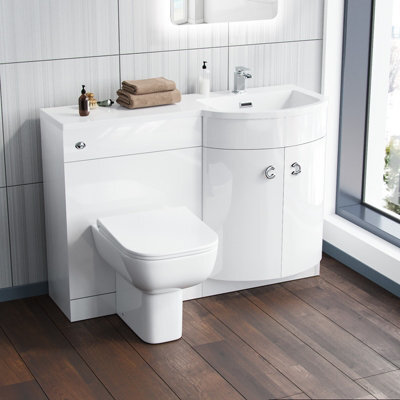 Nes Home 1100mm P Shaped Right Hand White Vanity Basin Cabinet Wc Unit And Rimless Btw Toilet - image 1