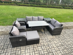 Fimous Dark Grey Pe Wicker Rattan Garden Furniture Set Reclining Chair 2 Seater Sofa Set Outdoor Dining Table Big Footstool - thumbnail 2
