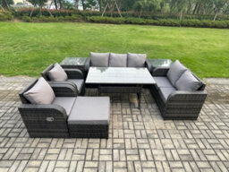 Fimous Dark Grey Pe Wicker Rattan Garden Furniture Set Reclining Chair 2 Seater Sofa Set Outdoor Dining Table Big Footstool - thumbnail 1