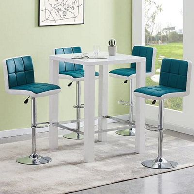 Furniture in Fashion Jam Square Glass White Gloss Bar Table 4 Copez Teal Stools - image 1