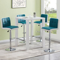 Furniture in Fashion Jam Square Glass White Gloss Bar Table 4 Copez Teal Stools