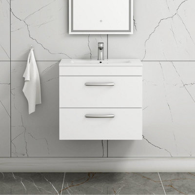 Royal Bathrooms Turin Gloss White 600mm Wall Hung Vanity Unit 2 Drawer With Minimalist Basin Sink - image 1