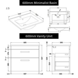 Royal Bathrooms Turin Gloss White 600mm Wall Hung Vanity Unit 2 Drawer With Minimalist Basin Sink - thumbnail 8