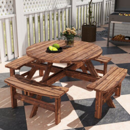 Outsunny Wooden Garden Dining Set With Parasol Hole For Outdoor, Tan - thumbnail 9