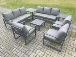 Fimous Aluminium Outdoor Garden Furniture Set Patio Lounge Sofa With Coffee Table 3 Armchairs 2 Side Tables Dark Grey - thumbnail 2