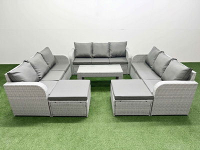 Fimous Pe Rattan Lounge Sofa Set 11 Seater Outdoor Garden Furniture Set Oblong Coffee Table 2 Big Footstools Light Grey - image 1