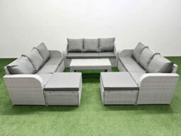 Fimous Pe Rattan Lounge Sofa Set 11 Seater Outdoor Garden Furniture Set Oblong Coffee Table 2 Big Footstools Light Grey - thumbnail 2