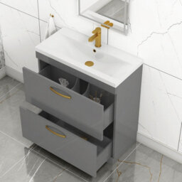 Royal Bathrooms Turin Indigo Grey Gloss 800mm Floor Standing Vanity Unit 2 Drawer With Mid-Edge Basin Sink & Brushed Brass Handles - thumbnail 3