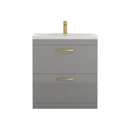 Royal Bathrooms Turin Indigo Grey Gloss 800mm Floor Standing Vanity Unit 2 Drawer With Mid-Edge Basin Sink & Brushed Brass Handles - thumbnail 6