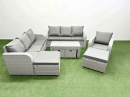 Fimous Outdoor Garden Furniture Set Pe Rattan 3 Seater Sofa Reclining Chair Set With Oblong Coffee Table 4 Footstools Light Grey - thumbnail 1