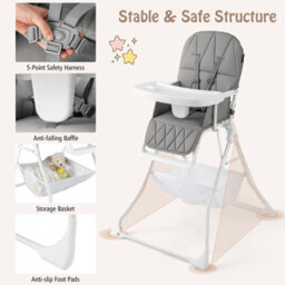 Gainoom Foldable Grey High Chair For Babies And Toddlers Portable High Chair With 3-Level Adjustable Tray & Footrest - thumbnail 7