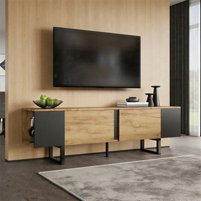 "Abrihome 180X40X55Cm, Tv Console, Natural Wood & Black Tv Stand With 2 Cabinets & Open Side Storage, For Up To 75"" Tv" - image 1