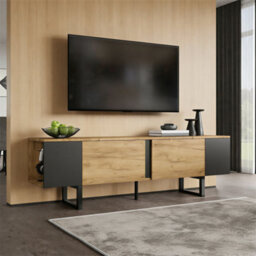 "Abrihome 180X40X55Cm, Tv Console, Natural Wood & Black Tv Stand With 2 Cabinets & Open Side Storage, For Up To 75"" Tv" - thumbnail 1