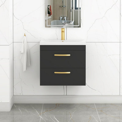 Royal Bathrooms Turin 600mm Wall Hung Vanity Unit Matt Black 2 Drawer Mid-Edge Basin With Brushed Brass Handles - image 1