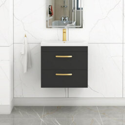 Royal Bathrooms Turin 600mm Wall Hung Vanity Unit Matt Black 2 Drawer Mid-Edge Basin With Brushed Brass Handles - thumbnail 1