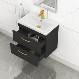 Royal Bathrooms Turin 600mm Wall Hung Vanity Unit Matt Black 2 Drawer Mid-Edge Basin With Brushed Brass Handles - thumbnail 5